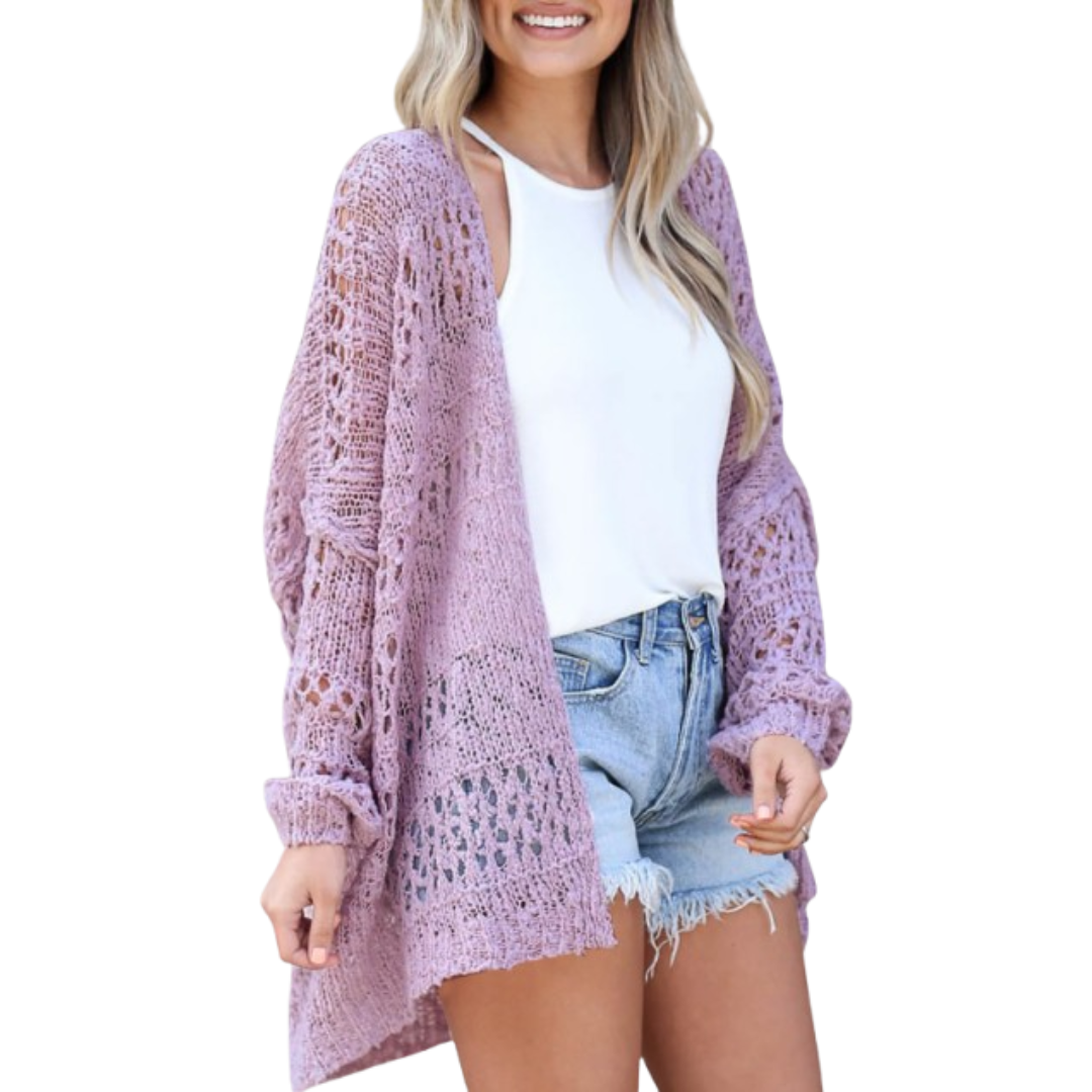Purple open-knit oversized boho summer cardigan, long sleeves, fringe hem
