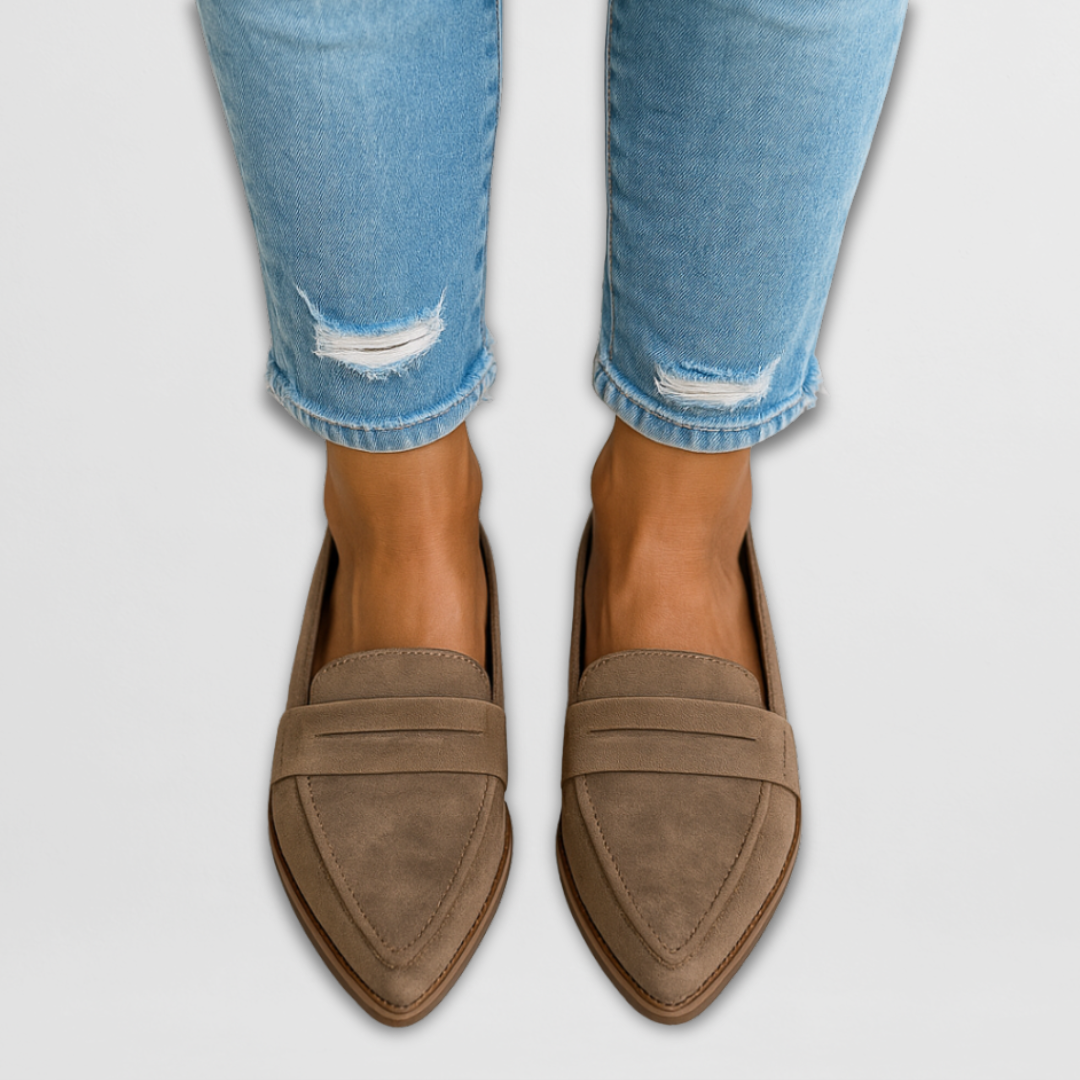 Khaki suede loafers with slip-on strap and pointed toe