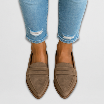 Khaki suede loafers with slip-on strap and pointed toe