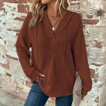 Brown waffle-knit hoodie with V-neck and button placket, long sleeves