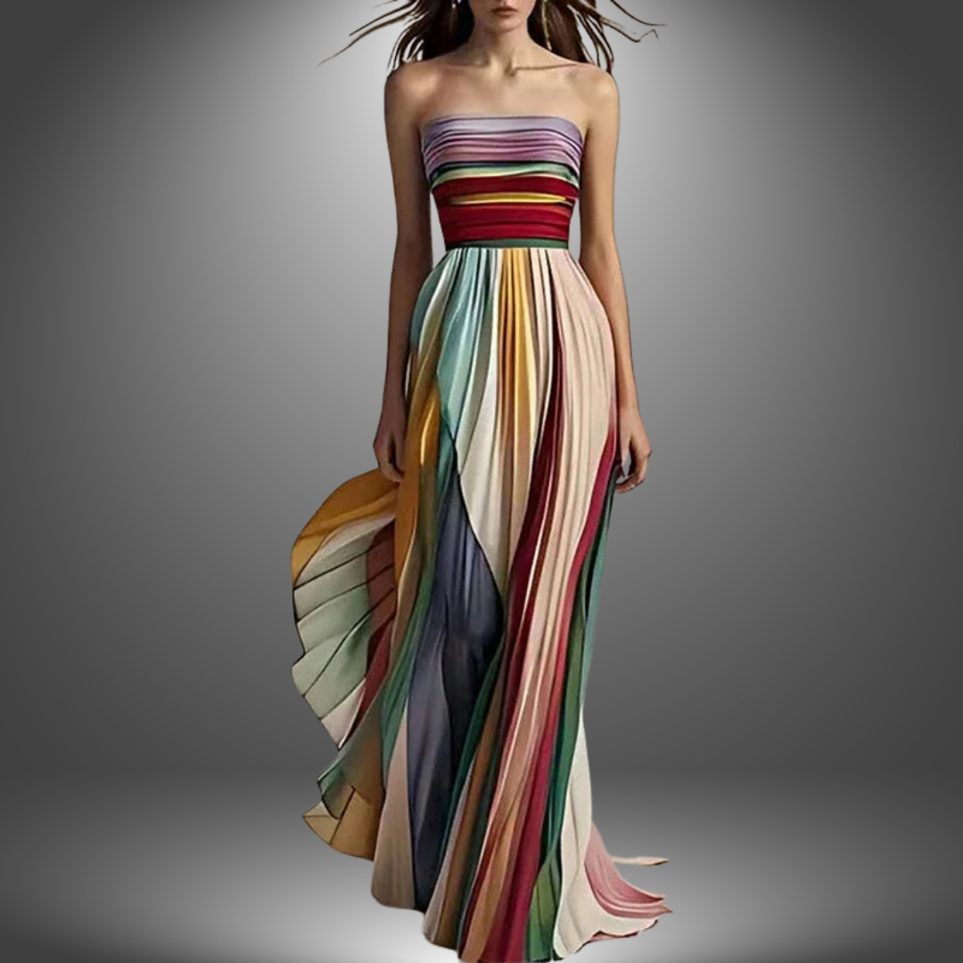 Strapless bandeau maxi dress with multicolored striped bodice and pleated panel skirt
