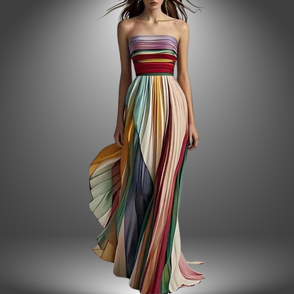 Strapless bandeau maxi dress with multicolored striped bodice and pleated panel skirt
