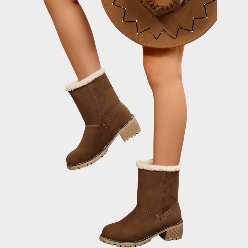 Brown suede mid-heel winter boots with sherpa cuffs and stacked block heel
