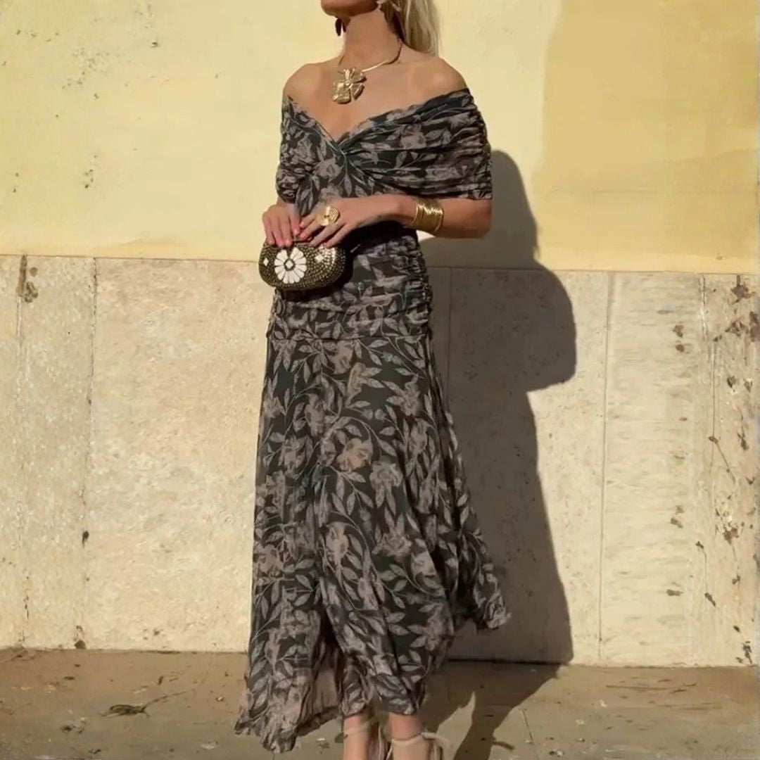 Floral midi dress with off-shoulder neckline and twisted knot front, dark floral print