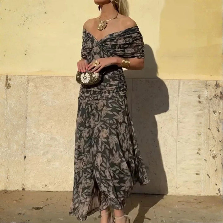 Floral midi dress with off-shoulder neckline and twisted knot front, dark floral print