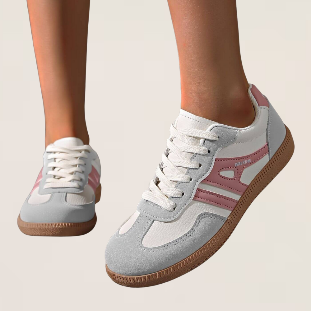 White low-top all-day support shoes, lace-up with pink stripe and gum sole
