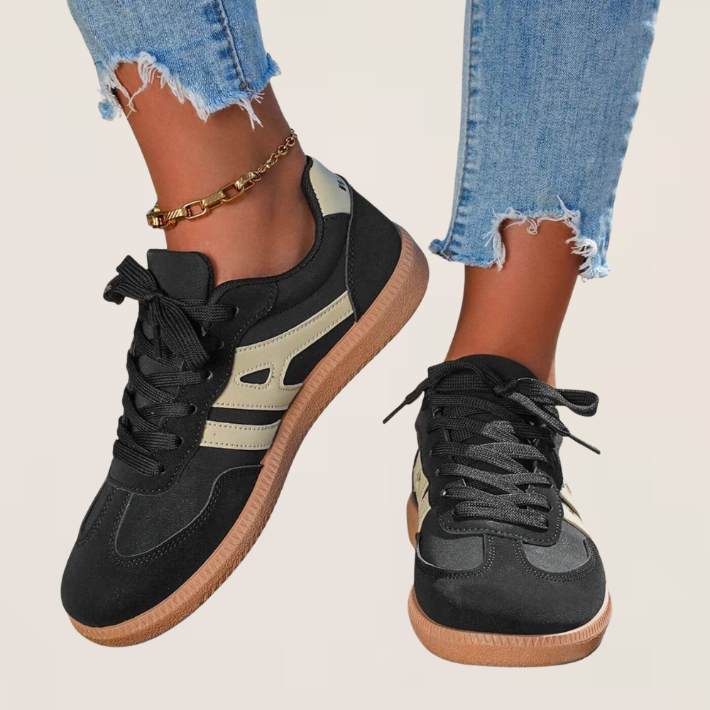 Black low-top all-day support shoes, lace-up with cream stripe and gum sole