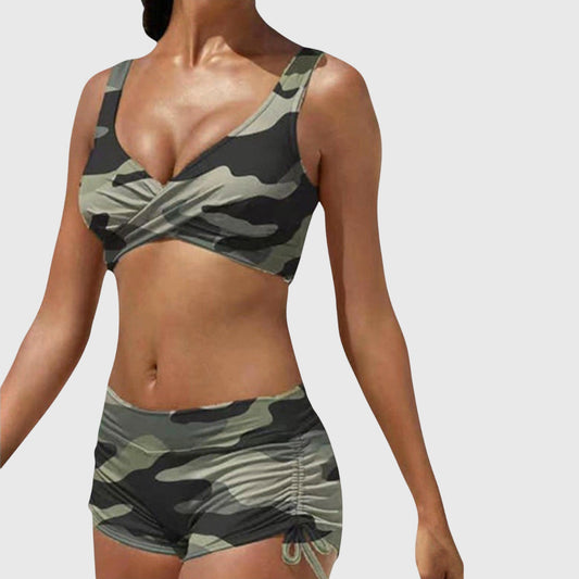 Camouflage bikini set with cross-front scoop bra and ruched drawstring swim shorts