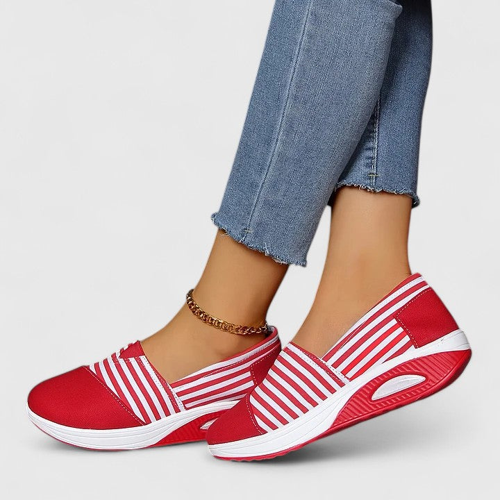 Anika orthopedic slip-on sneakers, red upper with white striped bands and white rubber sole