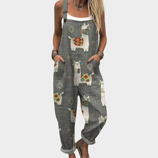 Gray printed overalls with animal and geometric motifs, wide straps