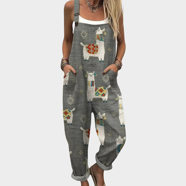 Gray printed overalls with animal and geometric motifs, wide straps