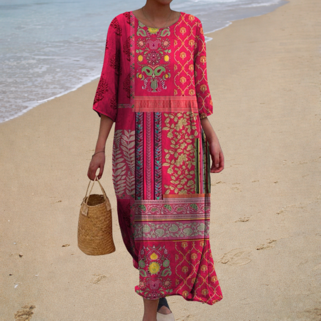 Long flowing maxi dress, maroon with floral and geometric panels, 3/4 sleeves