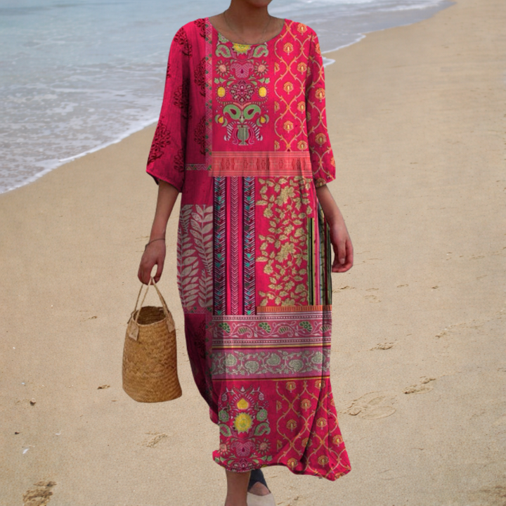 Long flowing maxi dress, maroon with floral and geometric panels, 3/4 sleeves