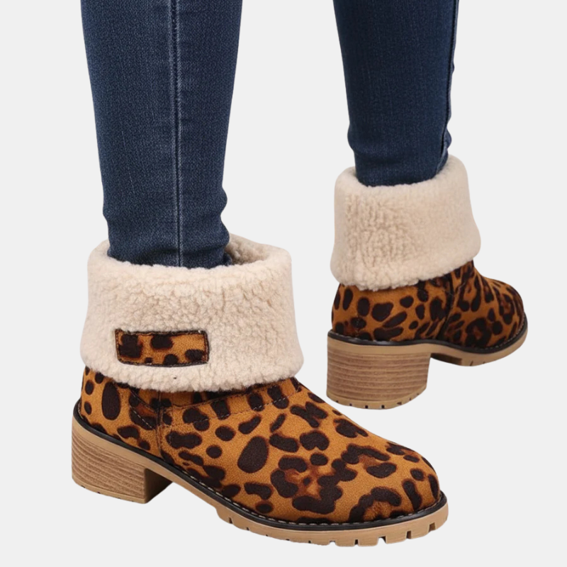 Women’s leopard print ankle boots with sherpa cuff and mid-height block heel