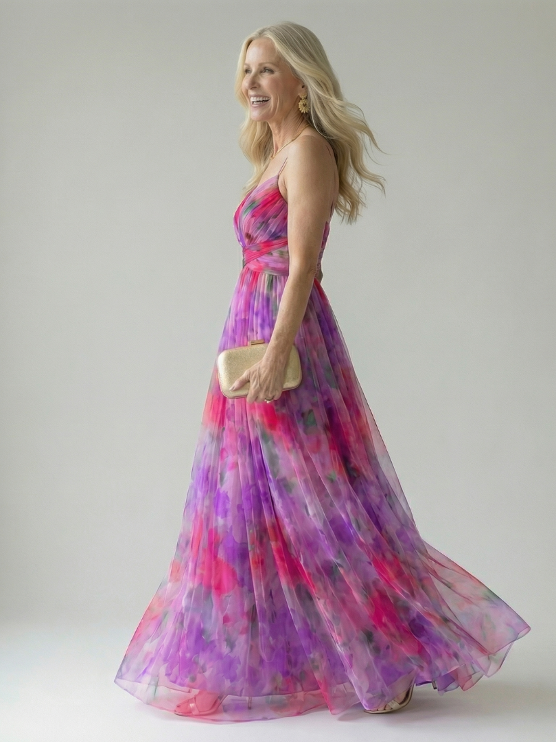 Pink purple multicolor soft wrap maxi dress, side view, sleeveless V neckline