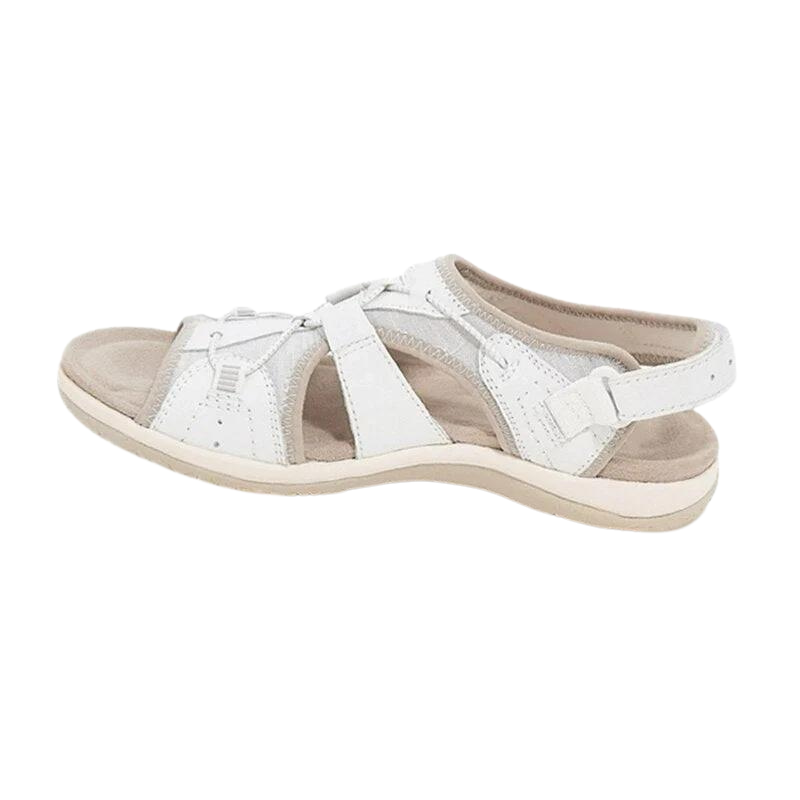 White orthopaedic sandals with adjustable strap, open toe, and cushioned outsole