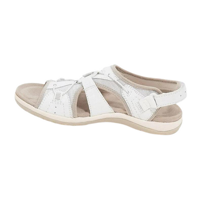 White orthopaedic sandals with adjustable strap, open toe, and cushioned outsole