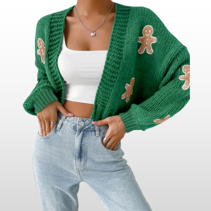 NOIME™ green knit cardigan with gingerbread appliques, open front, long sleeves