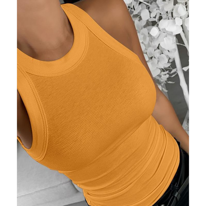 Orange sleeveless pullover top with crew neckline and ribbed texture