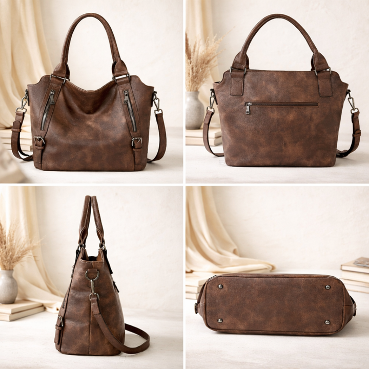 Brown leather tote bag set showing front, side, back, and bottom with handles and strap