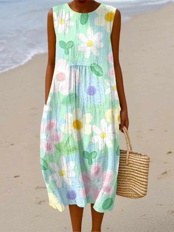 Sleeveless pastel floral midi dress, rounded neckline, tiered skirt