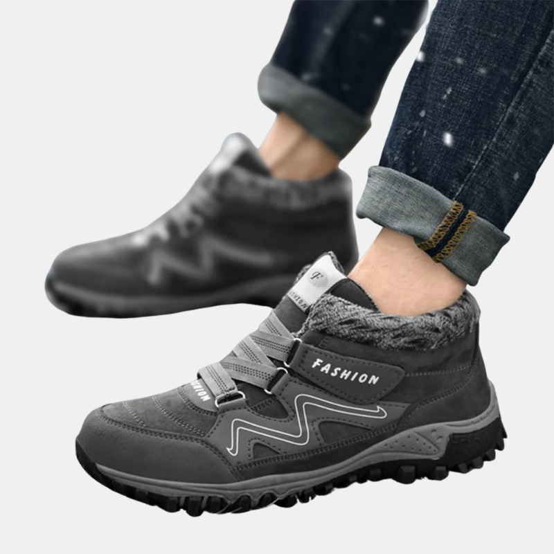 Gray orthopedic shoes with faux-fur lining and hook-and-loop straps, rugged outsole