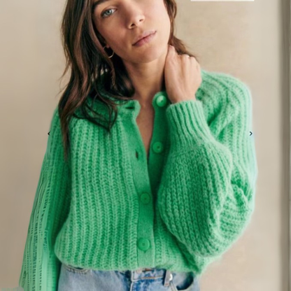 Green button-front round-neck long-sleeve knit cardigan with dark buttons