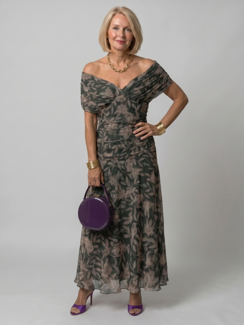 Dark green off-shoulder flow midi dress with leaf print and ruched bodice