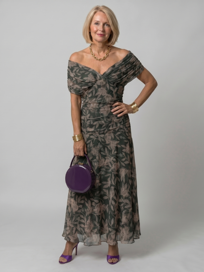 Dark green off-shoulder flow midi dress with leaf print and ruched bodice
