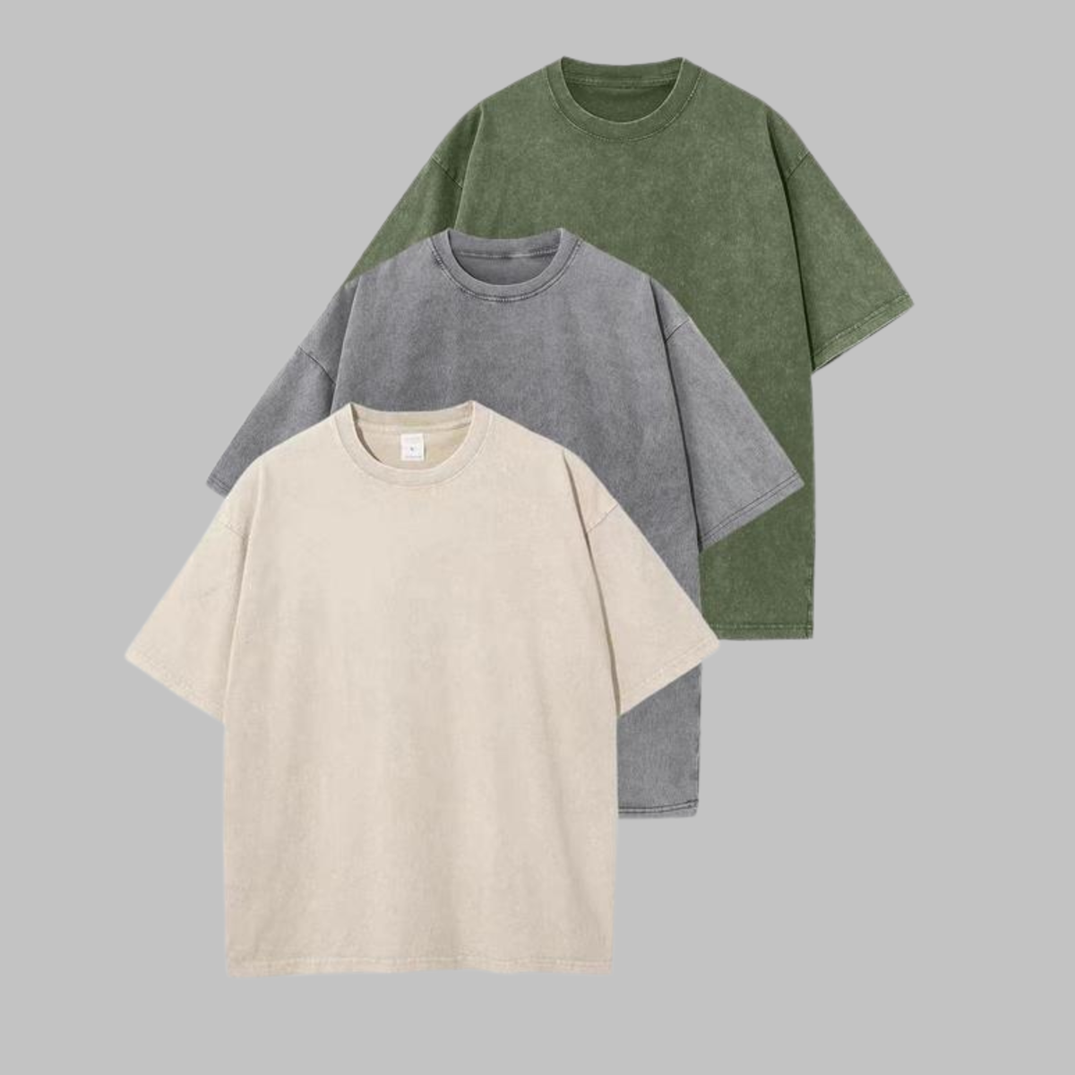 Washed crew-neck oversized T-shirt set of 3: green, gray, beige