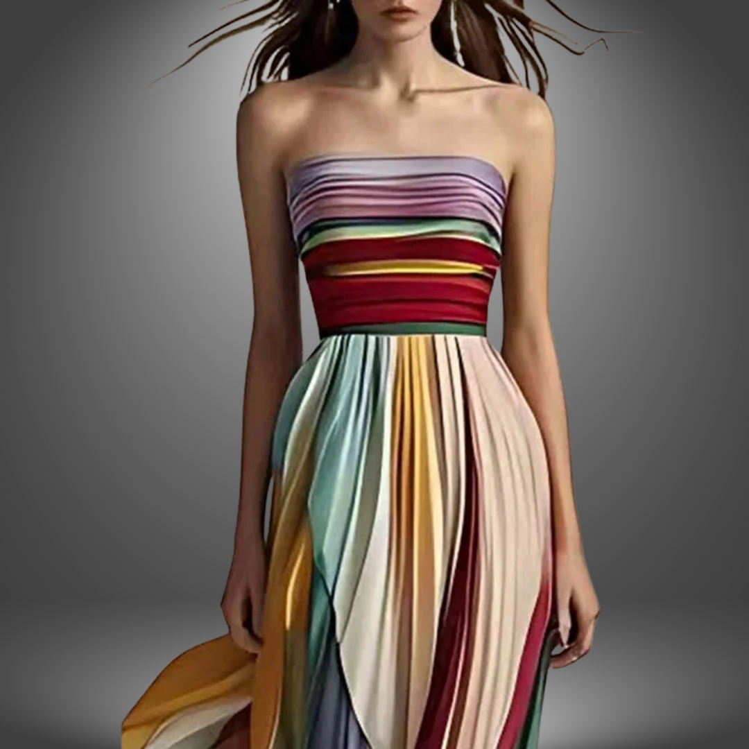 Strapless striped bodice with multicolored pleated panels on a maxi skirt