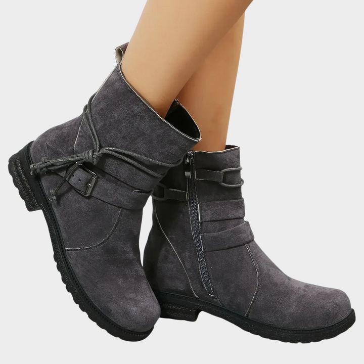 Dark gray suede low-heel ankle boots with lace-up strap and side zipper