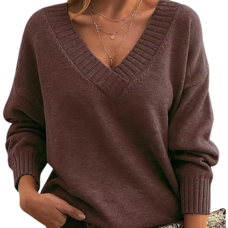Lightweight V-neck sweater, chocolate brown knit with ribbed V-neck and cuffs