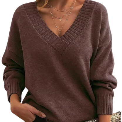 Lightweight V-neck sweater, chocolate brown knit with ribbed V-neck and cuffs