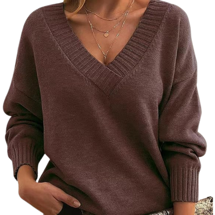 Lightweight V-neck sweater, chocolate brown knit with ribbed V-neck and cuffs