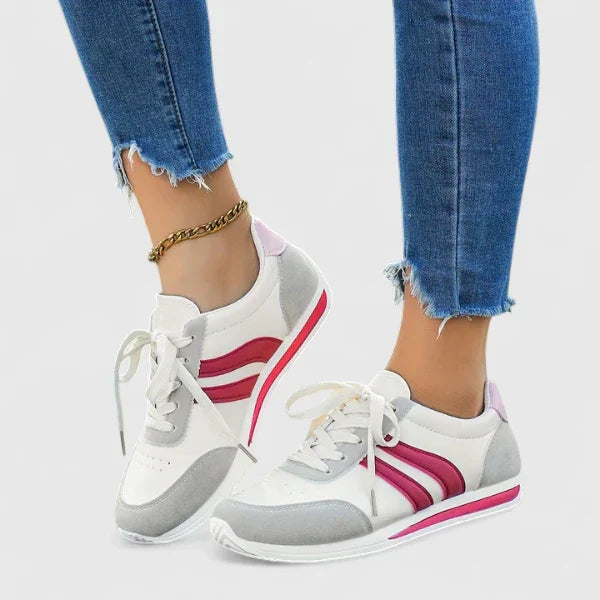Casual orthopedic shoes, white with red stripe accents, lace-up sneakers