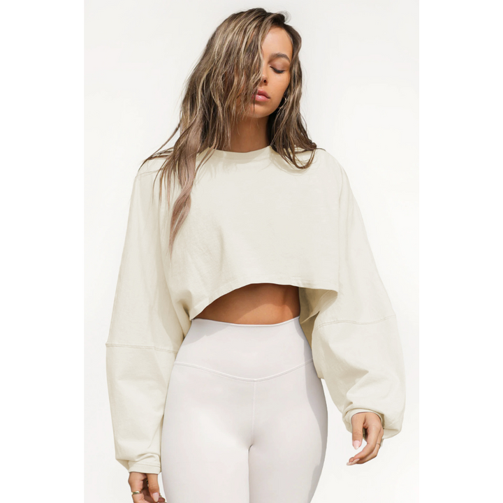 SKYE™ women’s casual cropped pullover sweatshirt, light cream crew neck, long sleeves