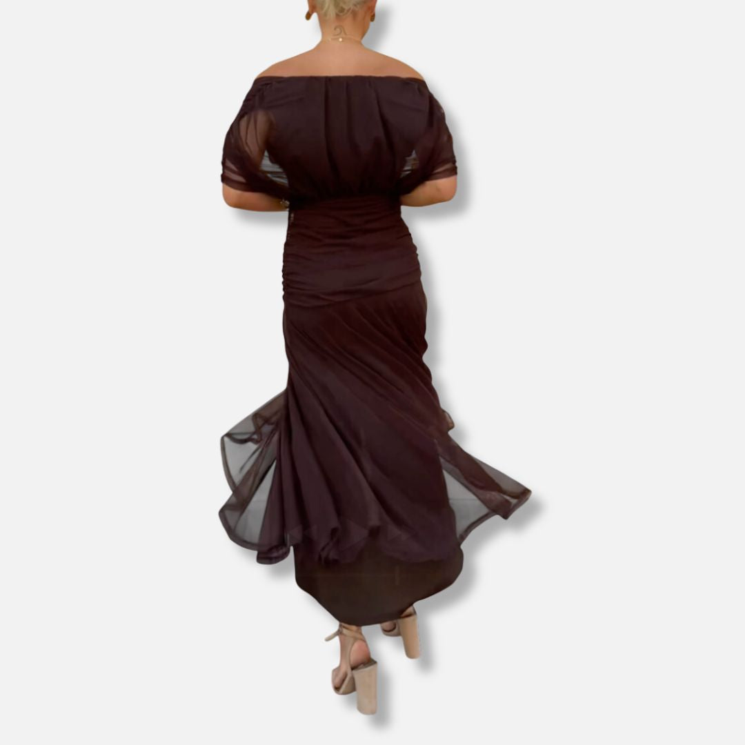 Dark maroon backless dress with off-shoulder sleeves and gathered waist
