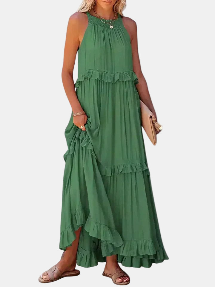 Green sleeveless long dress with tiered ruffle skirt and gathered neckline
