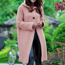 Pink textured hooded cardigan, long button-front with drop shoulders and patch pockets