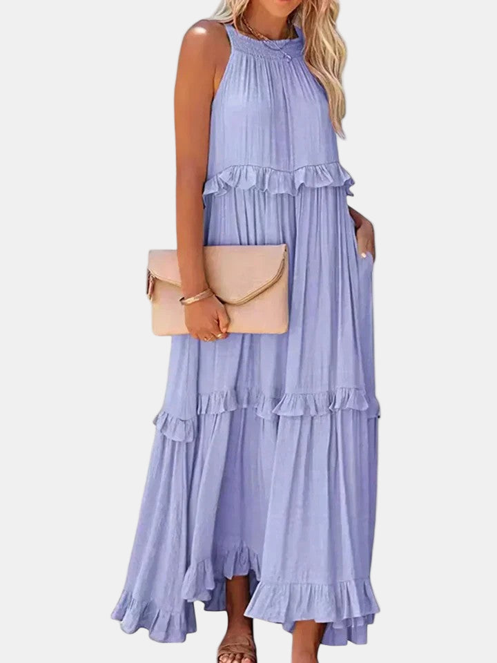 Lavender sleeveless long dress with tiered ruffle hem and gathered bodice