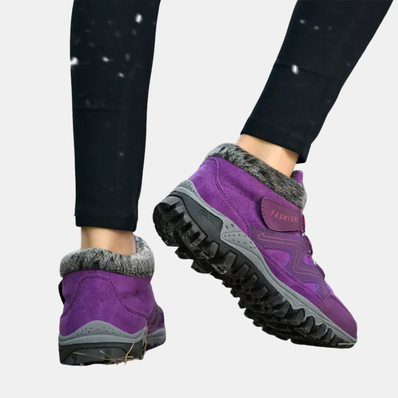Purple orthopedic shoes with hook-and-loop straps and padded fuzzy collar