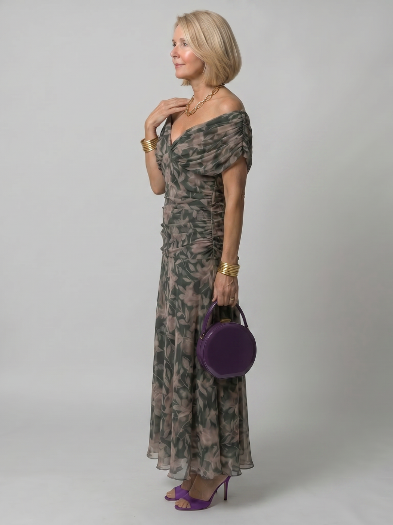 Dark green off-shoulder flow midi dress with leaf print and flowing skirt