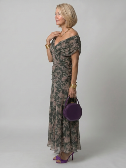 Dark green off-shoulder flow midi dress with leaf print and flowing skirt