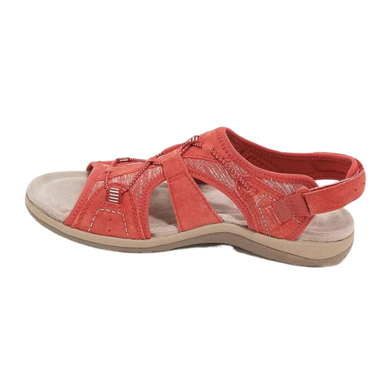 Coral red orthopaedic sandals with two toe straps and back strap