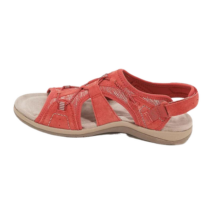 Coral red orthopaedic sandals with two toe straps and back strap