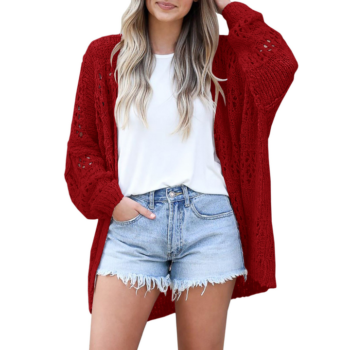Red crochet open-knit oversized summer cardigan with long sleeves and drapey fit