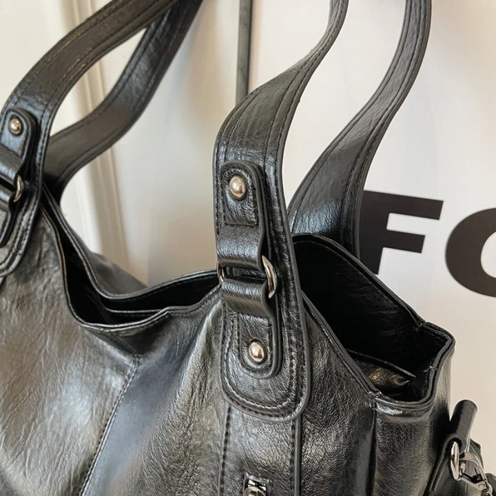 Dual-zipper large-capacity shoulder bag, black with dual handles and metal rings