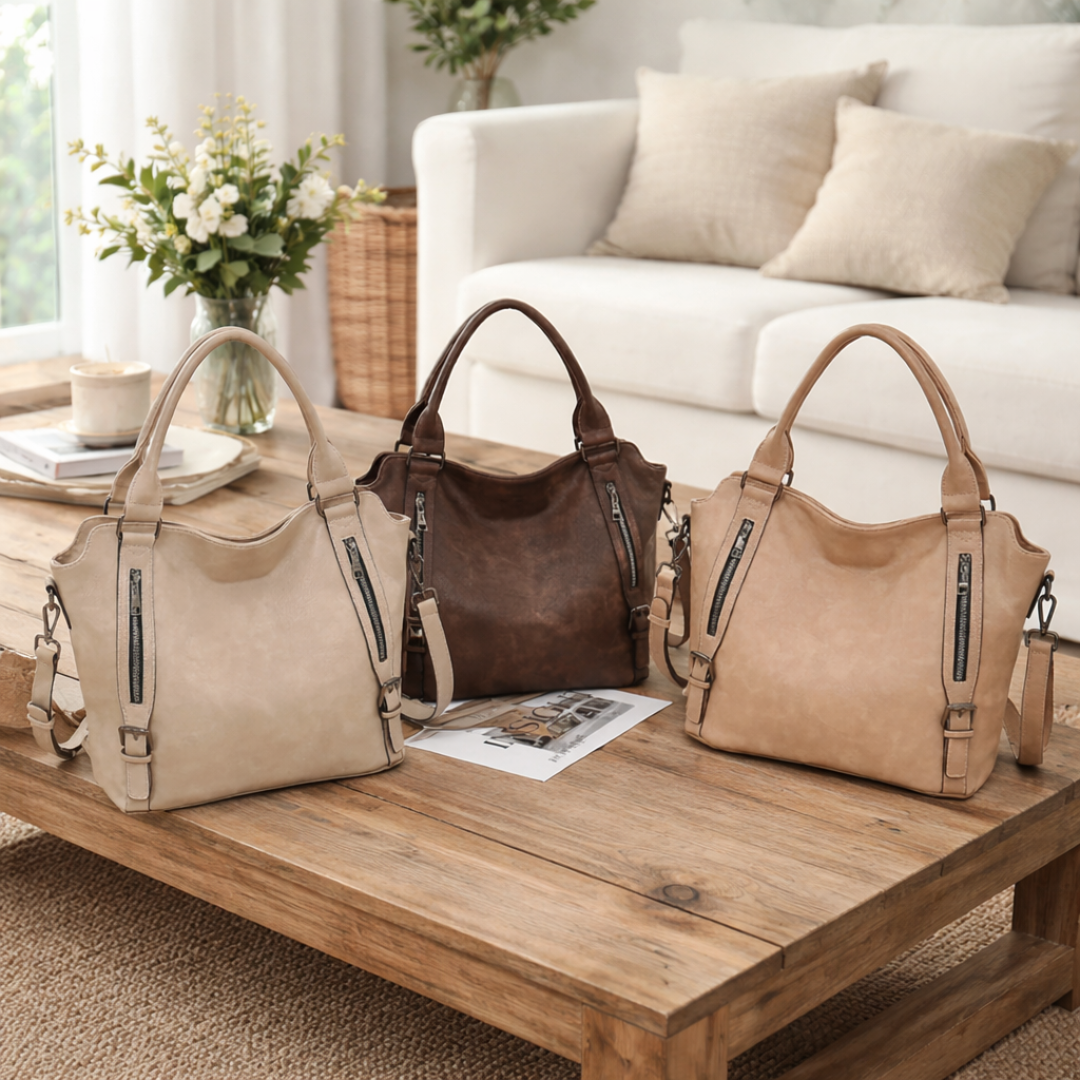 Two tote bags in tan and brown leather-look, each with side zip pockets