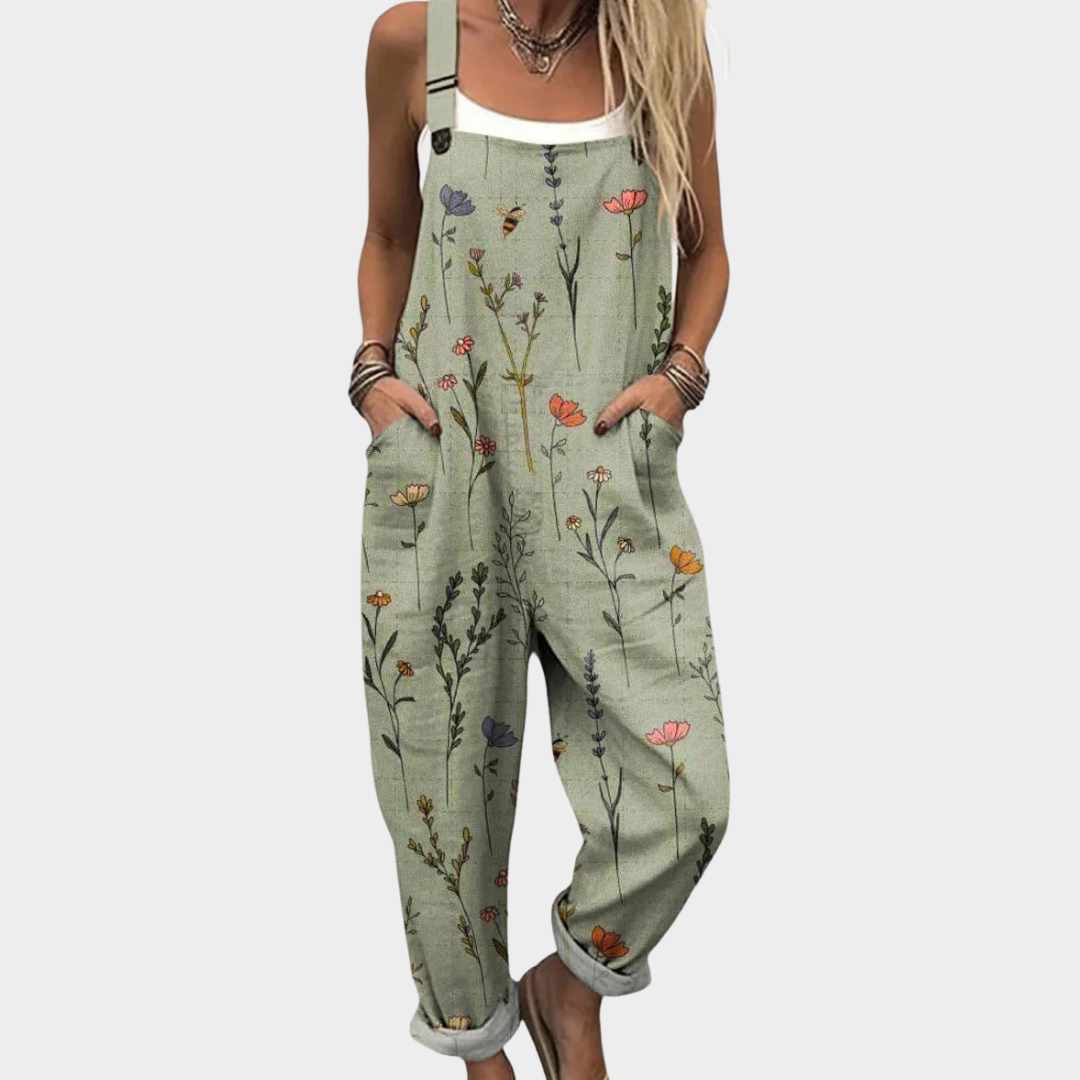 Women's light green floral printed overalls with wide straps and front pockets